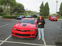 #13 Z/28 owner at Carlsbad Cars & Coffee 5/17/14.  World Famous Race Red Mustang GT #263720 (They built a few more) "JST FAST" in the background.