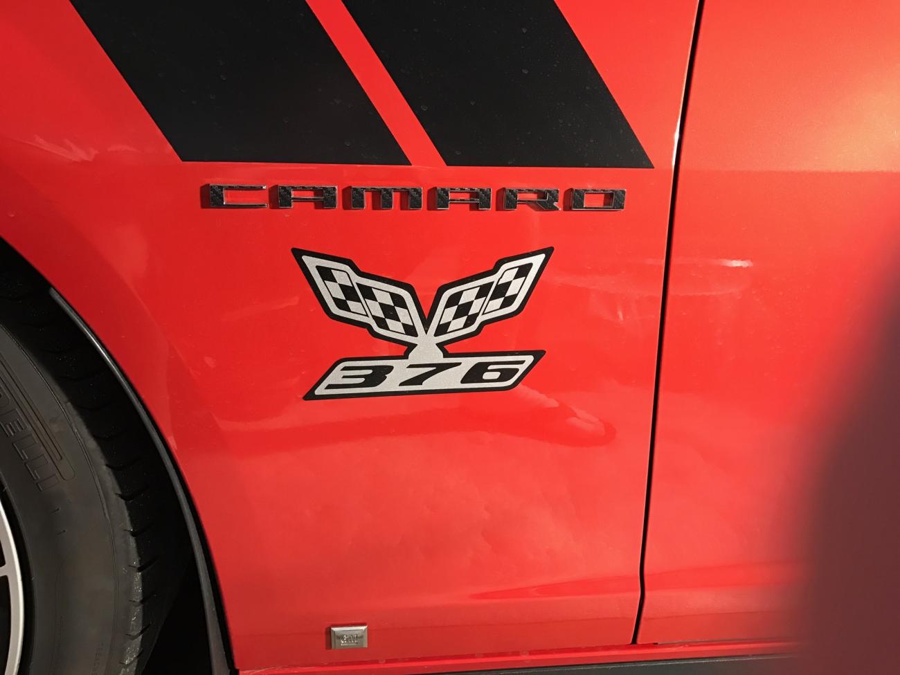 Hand drawn and cut vinyl fender badge 376 on checkered flag