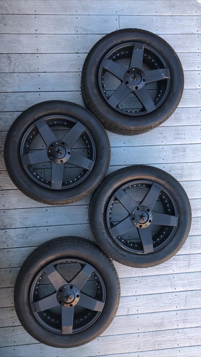 KMC Rockstar Car 18"x8" Wheels KM7758801 with Blacked Out Center Caps, Matte Black, Aluminum Hardware, 42mm offset (full set of 4, Bolt Pattern 5x120, tires available)
BFGoodrich Radial T/A SPEC P245/55R18 Tires (full set of 4)