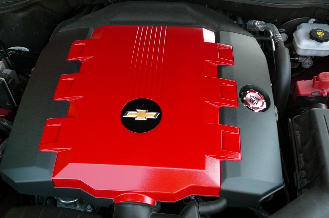 2010 camaro V-6 engine cover- victory red and  chrome "transformers autobot" oil cover